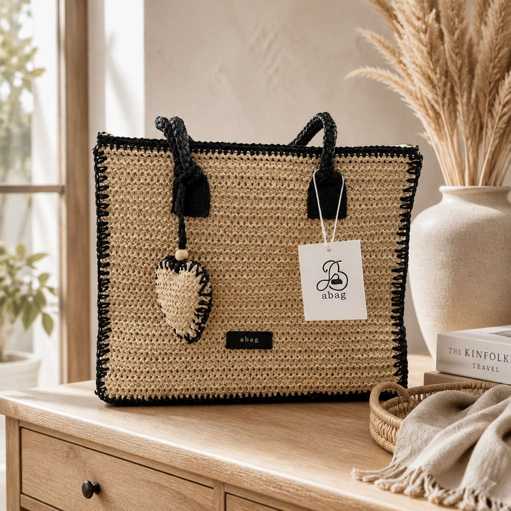 Tote Bag Tressé Beige Bordures Noires