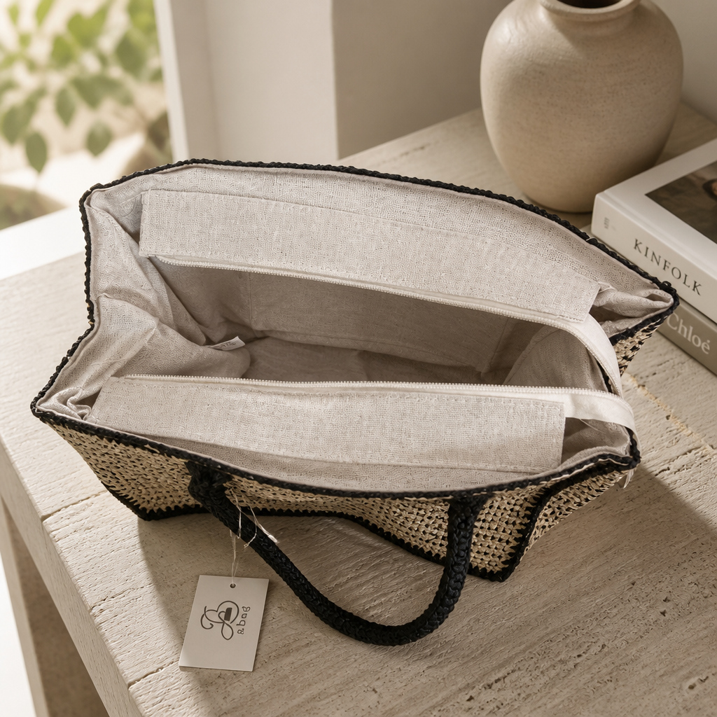 Tote Bag Tressé Beige Bordures Noires