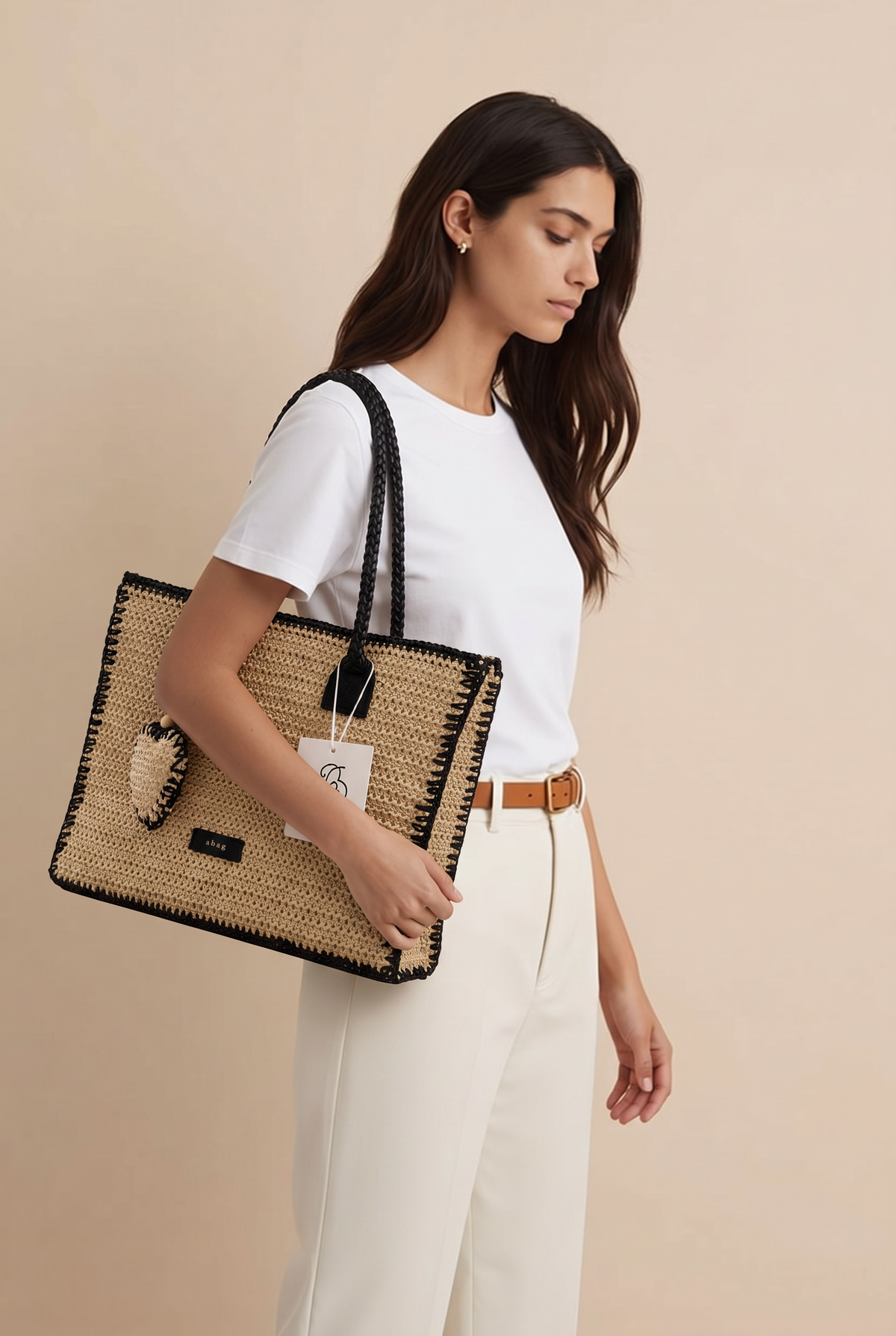 Tote Bag Tressé Beige Bordures Noires