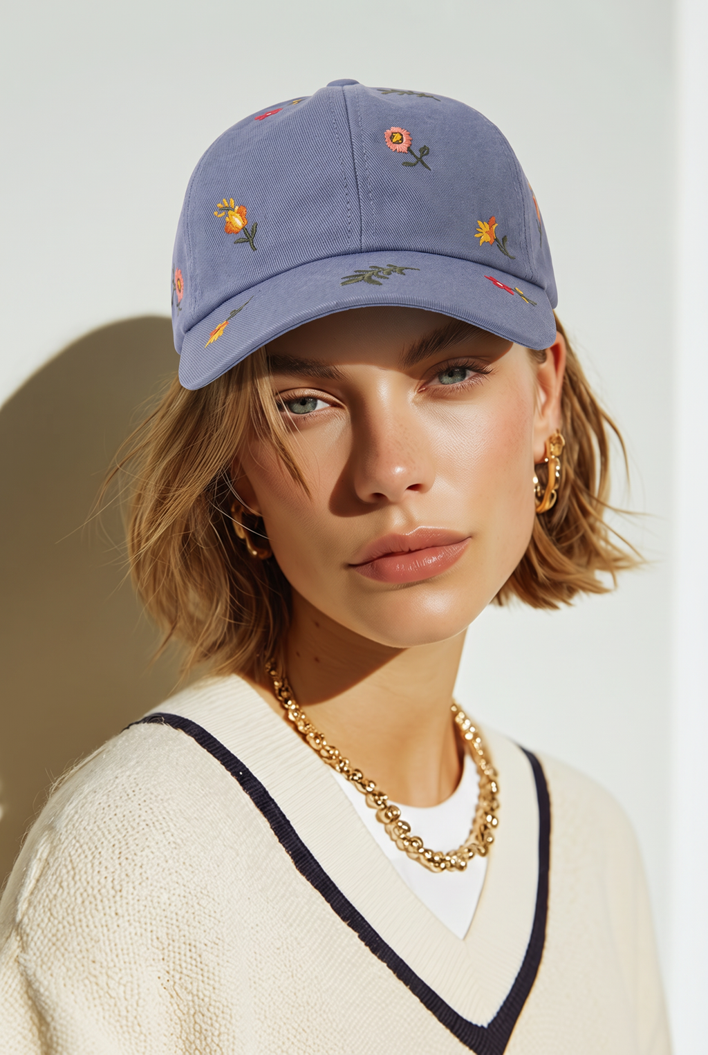 Casquette Bleue Broderies Florales