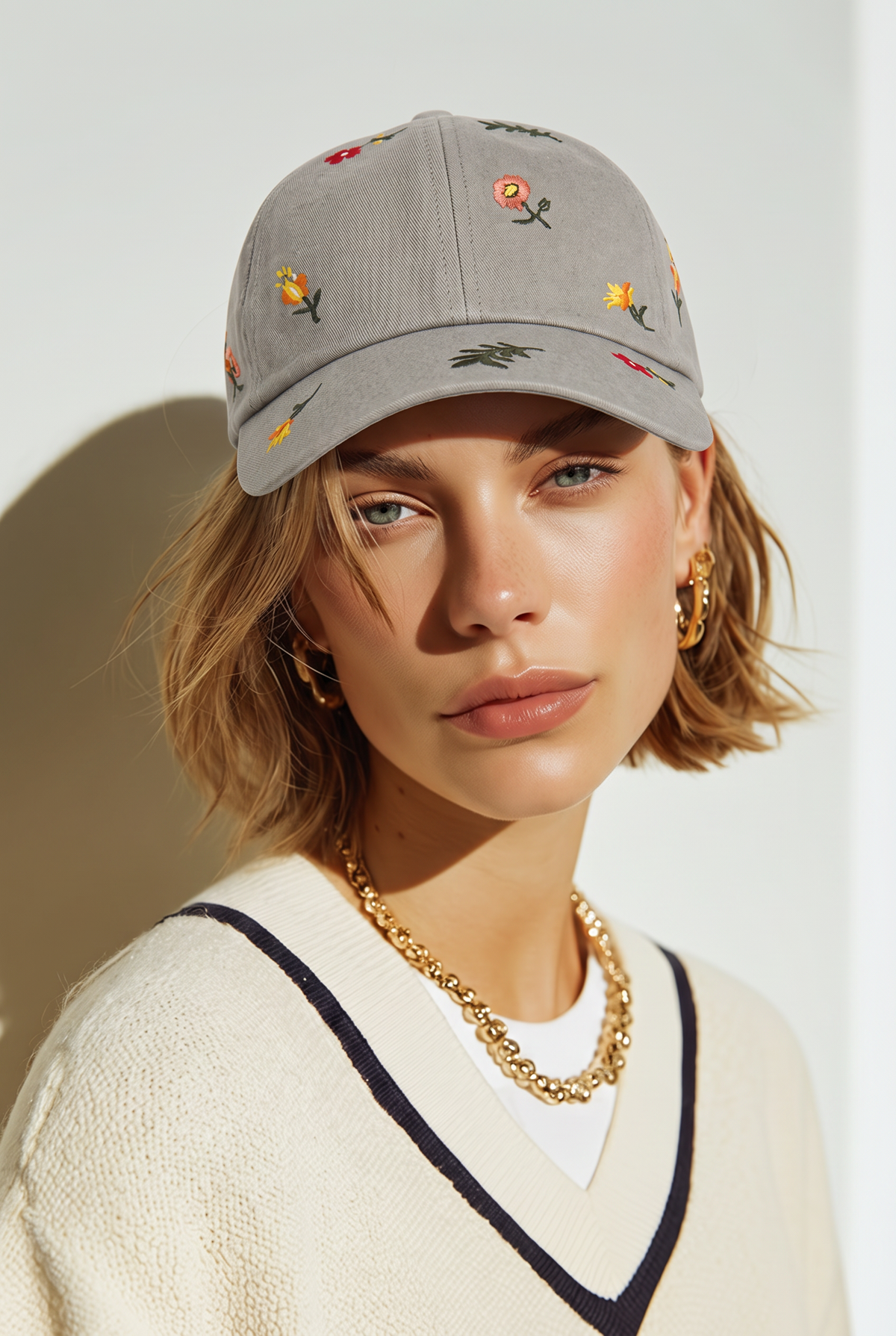 Casquette Grise Broderies Florales
