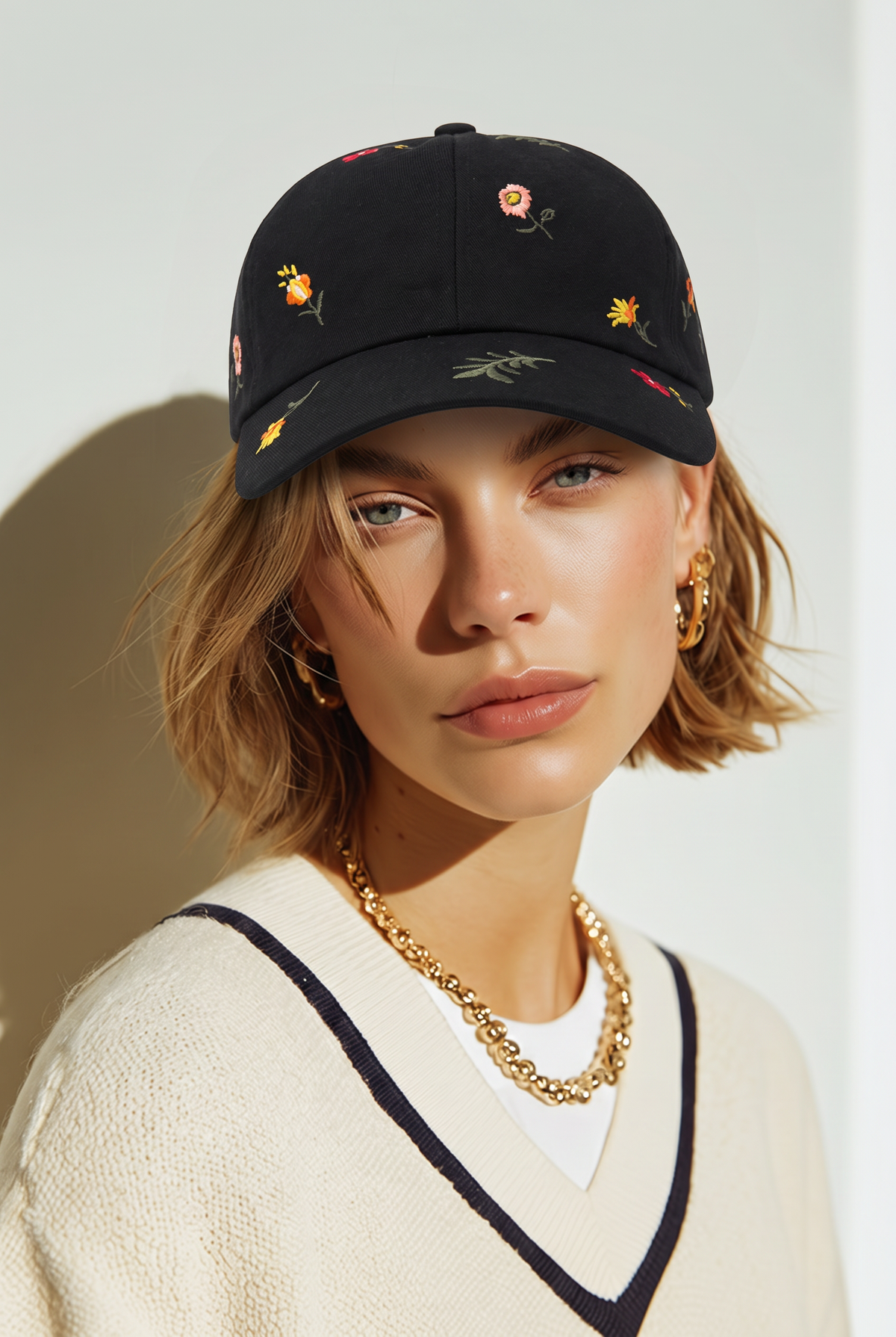 Casquette  Noire Broderies Florales