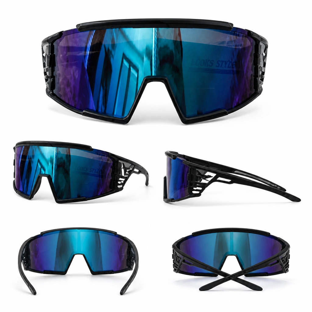 Lunettes de Soleil Sport Monture Noire & Branches Bleues