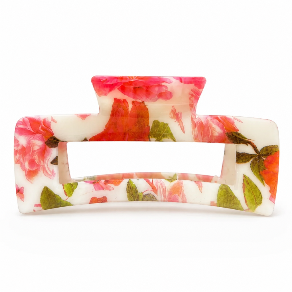 Pince à cheveux fleuris rouge/blanc 10cm